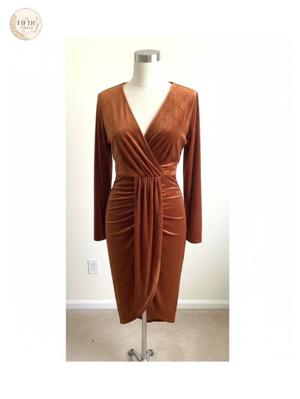 Women's Velvet V-Neck Long Sleeve Ruched Wrap Midi Dress with Slit for Party &
